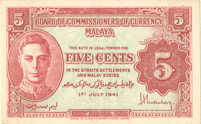 Malaya - 5 Cents - P-7a - 1941 dated Foreign Paper Money